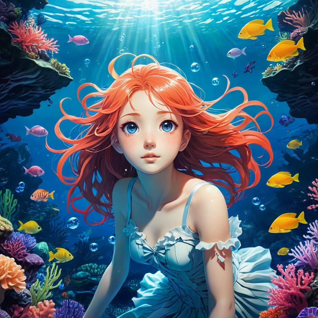 A captivating underwater scene featuring an enchanting, colorful anime world full of mystical sea creatures and vibrant coral reefs, infused with subtle elements of adult themes portrayed tastefully. In the foreground, a character with striking anime features explores the depths, surrounded by artistic representations of manga pages and ethereal bubbles. The atmosphere is playful yet slightly provocative, inviting curiosity. vibrant colors. fantasy art. super-realistic.