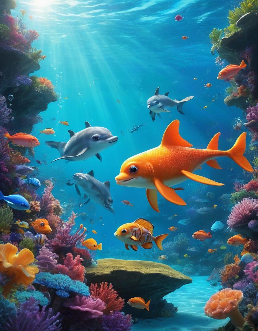 A whimsical undersea scene depicting a lively animated world filled with colorful sea creatures engaging in humorous antics, showcasing a blend of vibrant colors and dynamic expressions. Include an adult character observing this enchanting underwater realm, highlighting a sense of wonder and curiosity. The setting is illuminated with playful light refracting through the water’s surface, enhancing the magical ambiance. cartoon style. vibrant colors. 3D.